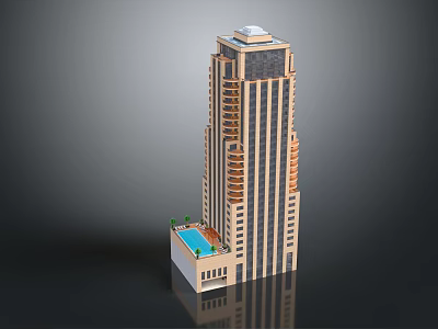 Modern Tall Building Design With Balconies Roof Structure And Ground Floor Pool 3d model