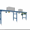 Industrial Roller Conveyor System With Blue Frame And White Plastic Bins