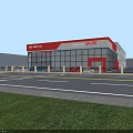 Modern Industrial Factory Building With Glass Facade Red White Exterior And Parking Area