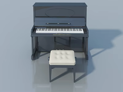 Black Upright Piano With White Keys And Padded Stool On Shiny Gray Floor 3d model