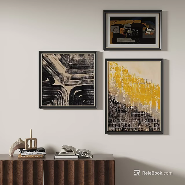 Abstract Paintings With Black Yellow Textured Patterns Framed On Wall Interior Decor 3d model