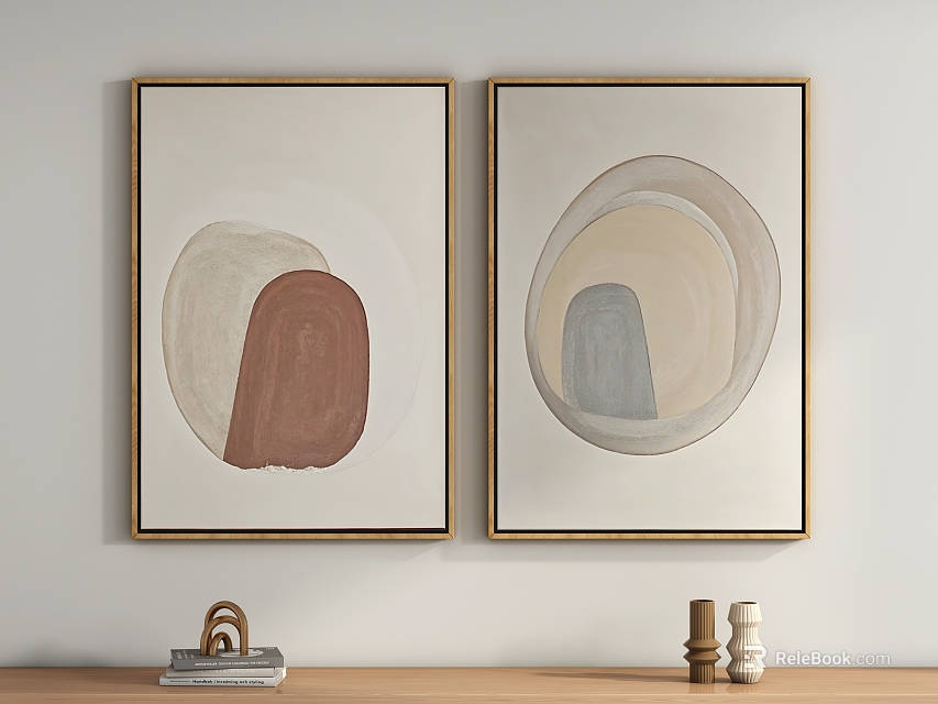Two Piece Abstract Paintings With Golden Frames And Soft Color Tones For Interior Wall Decor 3d model 