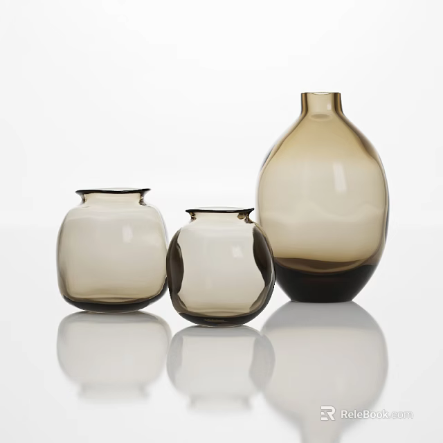 Stylish Ceramic Vessels Brown Vases With Various Shapes On White Reflective Surface 3d model 