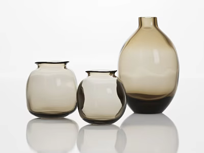 Stylish Ceramic Vessels Brown Vases With Various Shapes On White Reflective Surface 3d model