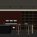 Modern Kitchen Interior With Red Cabinets Black Island Bar Stools And Shelves