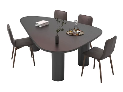 Modern Dark Dining Table Set with Four Chairs Tabletop Decor Plant Tray Wine Glasses Books 3d model