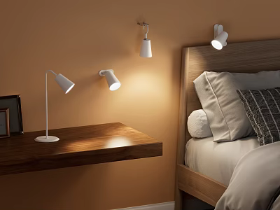 Modern Bedroom Interior With Stylish Wooden Bedside Table Lamp And Wall Lamps 3d model