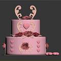 Two Tier Pink Cake with Red Roses and Heart Decorations on Top
