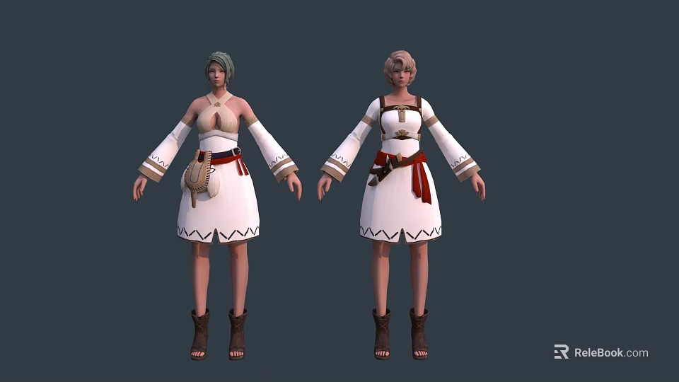 Game and Movie Characters With White Dresses Red Belts Decorative Sleeves Brown Pouches and Boots 3d model 