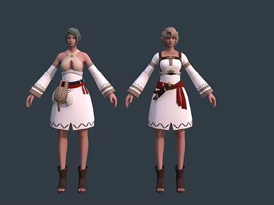 Game and Movie Characters With White Dresses Red Belts Decorative Sleeves Brown Pouches and Boots 3d model