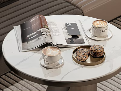 Latte Art Coffee Cups on White Round Marble Table with Open Magazine Phone and Cookies 3d model