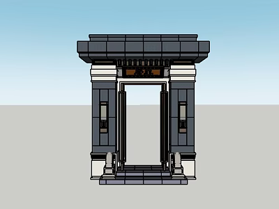 Traditional Entrance Gate Featuring Black Roof White Pillars And Central Doorway 3d model