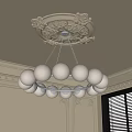 Classic Chandelier With White Globe Bulbs Metal Frame And Carved Ceiling Detail