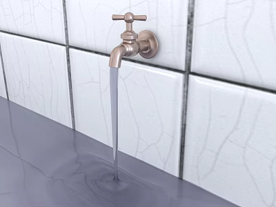 Brass Faucet Mounted on White Tiled Wall with Water Flowing into Sink 3d model
