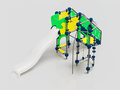Colorful Children's Playground Equipment With White Slide Green Yellow Climbing Frame And Blue Spherical Connectors 3d model