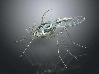 Artist Created Shiny Metallic Mechanical Mosquito 3D Model With Transparent Wings And Thin Legs 3d model