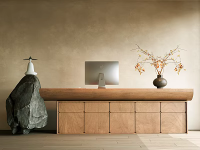 Minimalist Front Desk Interior With Wooden Counter Computer Monitor And Decorative Elements 3d model