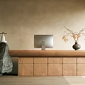 Minimalist Front Desk Interior With Wooden Counter Computer Monitor And Decorative Elements