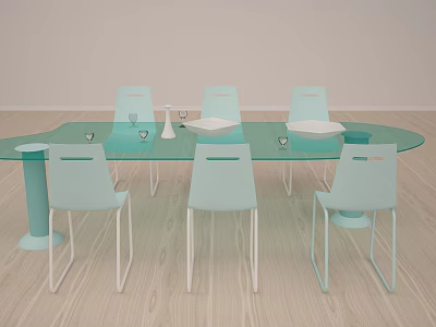 Modern Dining Table Set with Oval Glass Top Six Light Blue Chairs with White Legs 3d model