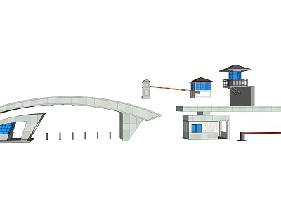 Modern Arched Entrance Gate With Security Guard House And Access Control Barrier 3d model