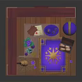 Enchanted Room Interior With Red Walls Arched Bookshelves Stained Glass Window And Magic Elements