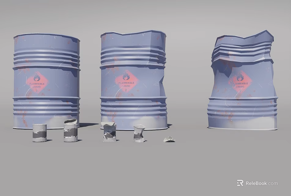 Industrial Equipment Featuring Intact And Damaged Blue Barrels With Metal Fragments 3d model 