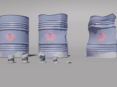 Industrial Equipment Featuring Intact And Damaged Blue Barrels With Metal Fragments 3d model