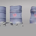 Industrial Equipment Featuring Intact And Damaged Blue Barrels With Metal Fragments