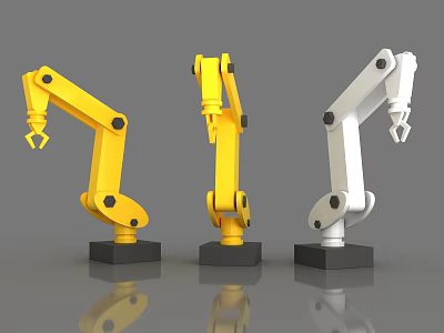 Three Yellow And White Industrial Robotic Arms With Black Base And End Effectors 3d model