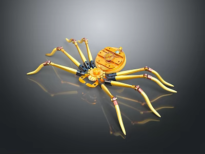 Yellow Mechanical Spider with Multiple Legs and Gear Structure on Black Background with Reflection 3d model