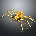 Yellow Mechanical Spider with Multiple Legs and Gear Structure on Black Background with Reflection