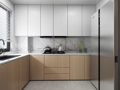 Modern Kitchen Interior Design With White Cabinets Wooden Lower Cabinets And Marble Countertop 3d model