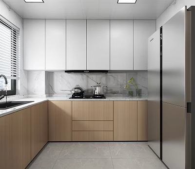 Modern Kitchen Interior Design With White Cabinets Wooden Lower Cabinets And Marble Countertop 3d model