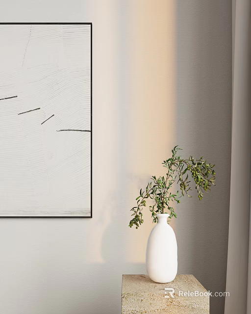 White Vase With Green Plants Next To Abstract Painting On Wall Interior 3d model 