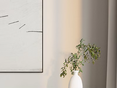 White Vase With Green Plants Next To Abstract Painting On Wall Interior 3d model