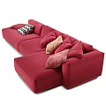Red Sectional Sofa With Multiple Decorative Patterned Pillows And Soft Fabric 3d model