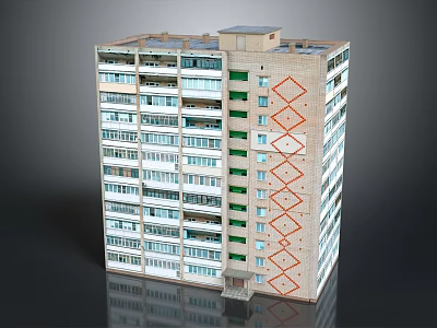 High Rise Residential Building Featuring Green Vertical Strips Red Diamond Patterns Multiple Windows and Balconies 3d model