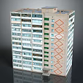High Rise Residential Building Featuring Green Vertical Strips Red Diamond Patterns Multiple Windows and Balconies