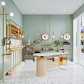 Elegant Modern Boutique Store With Golden Shelves Round Mirrors Marble Counter And Green Plants
