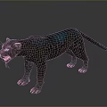 3D Leopard Model with black spots blue sheen standing open mouth exposed teeth gray background