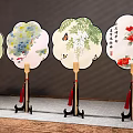 Traditional Decorative Ornament Set With Round Fans Floral Patterns Butterfly Designs And Black Stands