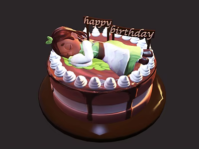 Sleeping Girl Decoration On Chocolate Birthday Cake With Whipped Cream Green Leaf And Happy Birthday Sign 3d model
