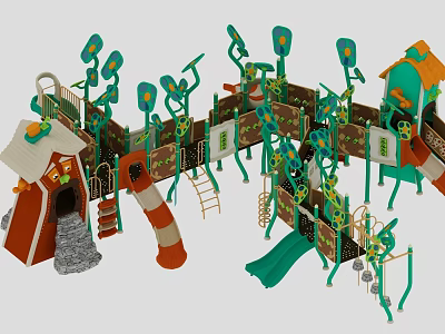 Colorful Kids Outdoor Playground Equipment With Slides Climbing Frames And Playhouse 3d model