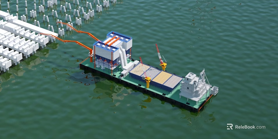 Floating Marine Construction Platform With Crane And Operational Equipment On Water 3d model 