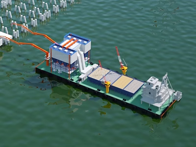 Floating Marine Construction Platform With Crane And Operational Equipment On Water 3d model