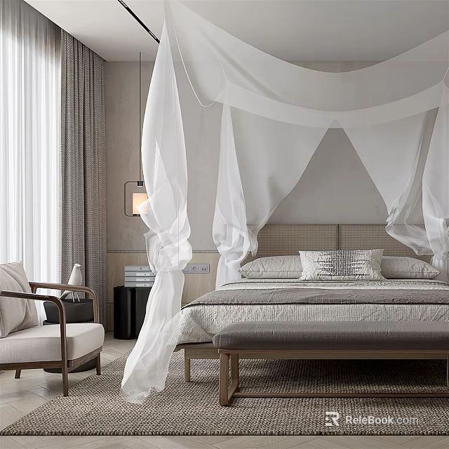 Serene Modern Bedroom Interior Design With White Canopy Bed Gray Headboard And Accent Chair 3d model 
