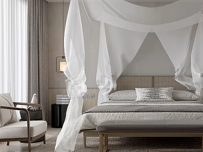Serene Modern Bedroom Interior Design With White Canopy Bed Gray Headboard And Accent Chair 3d model