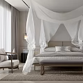 Serene Modern Bedroom Interior Design With White Canopy Bed Gray Headboard And Accent Chair