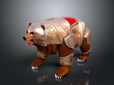 Artistic Bear Sculpture with Metal Armor Intricate Patterns Red Details and Sharp Claws 3d model
