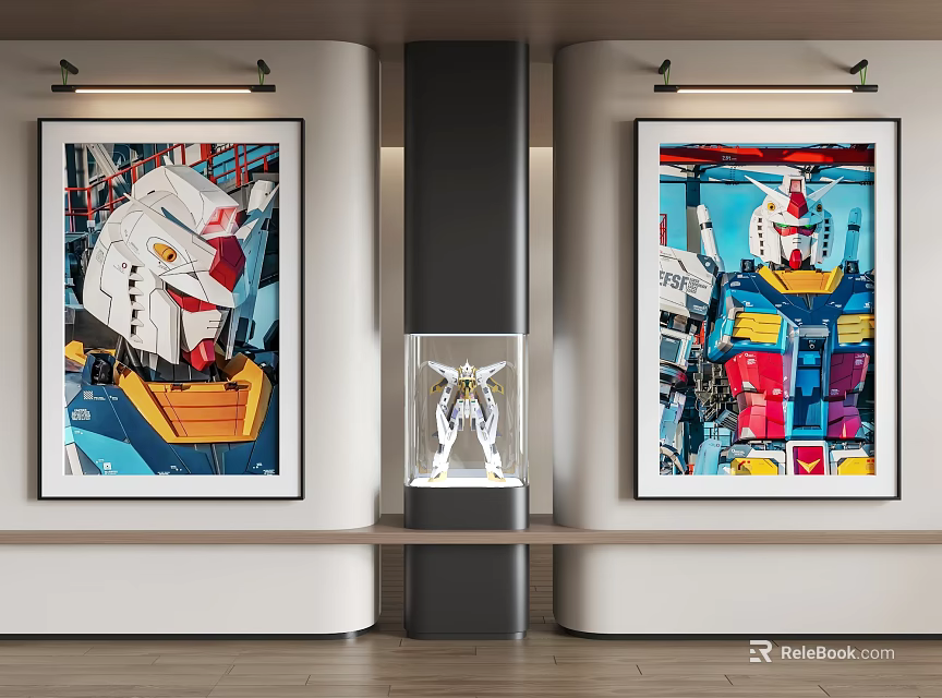 Abstract Paintings With Mecha Robot Artwork On Wall And Central Display Case With Model 3d model